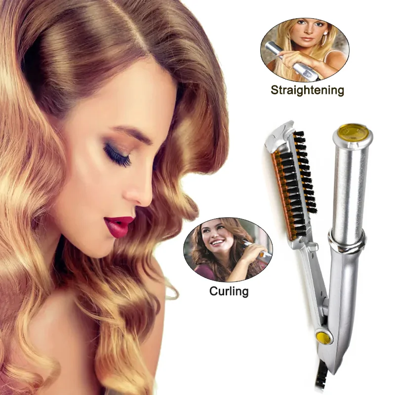 Multifunction Electric Hair Crimper Wet Dry Dual Use Curling Straightening 3 Modes Adjustable Auto Curling Iron With Brush