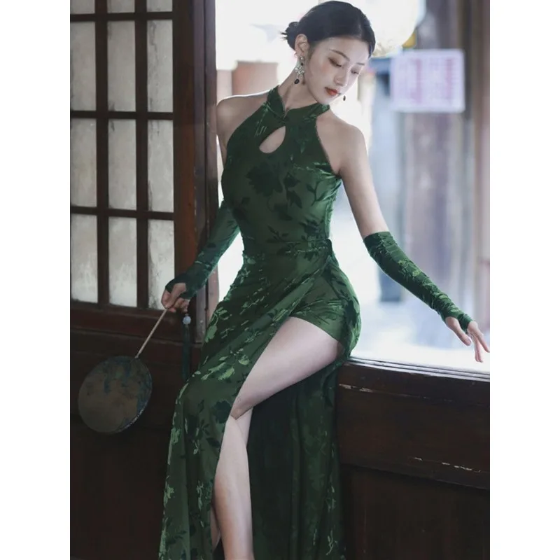 Jazz Retro Modified Cheongsam, Chinese Style, High-end Feel, Green Fitted Suit Dress, Elegant Performance Outfit Two-piece Set