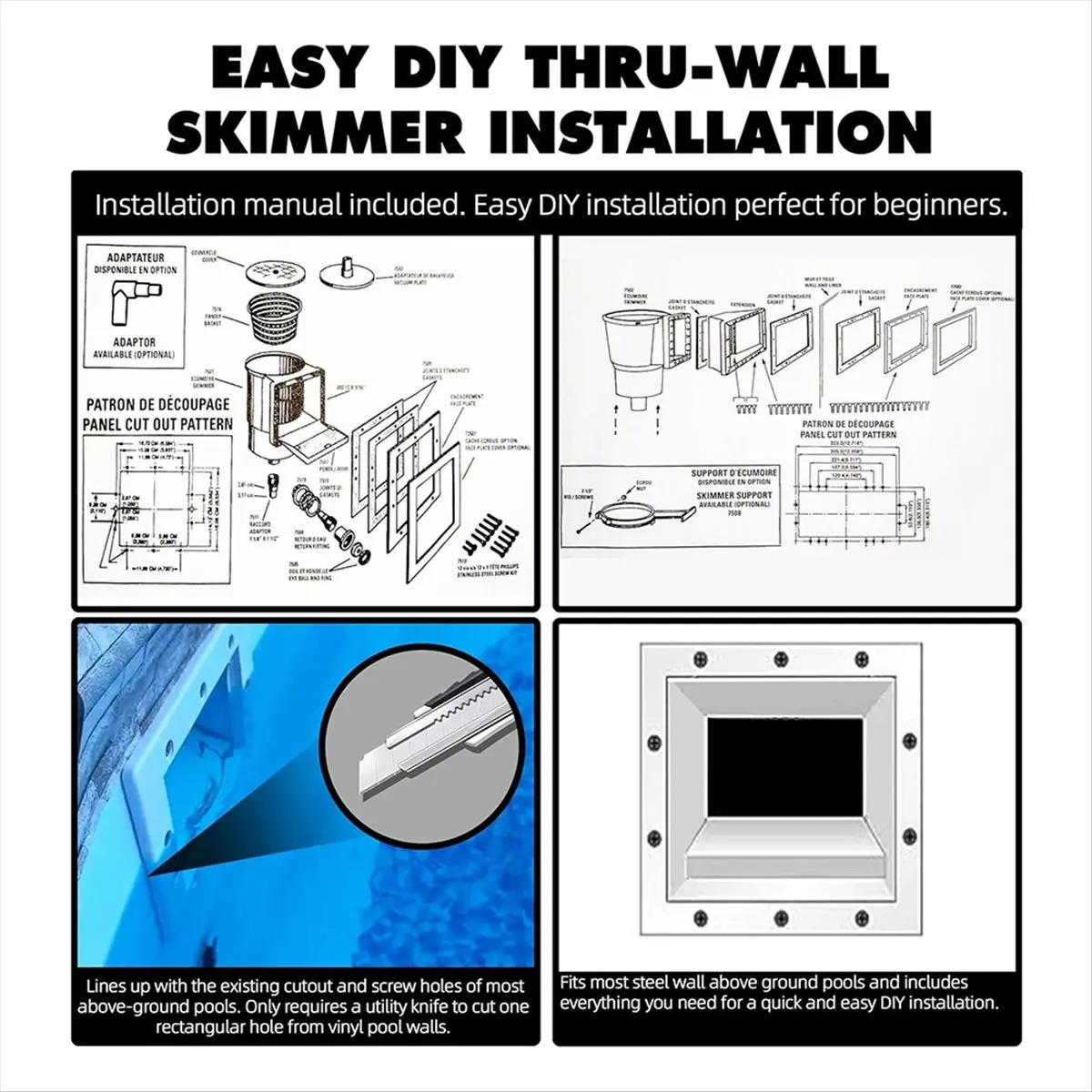 REST Universal Fit Above Ground Pool Skimmer-Pool Skimmer Accessory Kit -Opening Width 6In Fit All Standard Pool Wall Cutouts