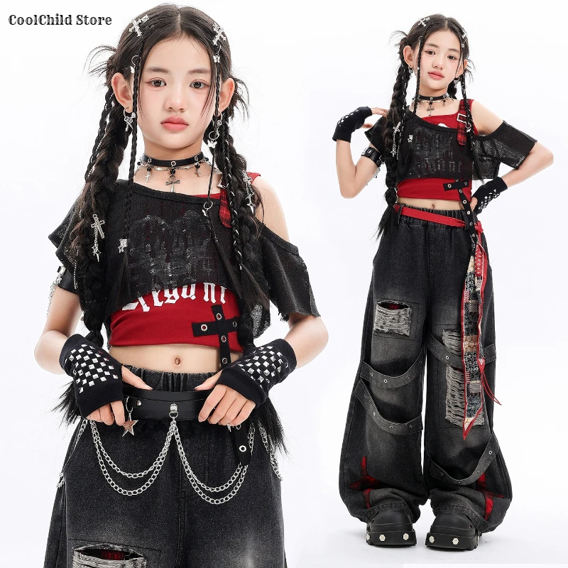 Girls K-pop Off Shoulder Crop Top Ripped Jeans Kids Hip Hop Jazz Denim Pants Clothes Sets Child Girl Group Street Dance Costumes