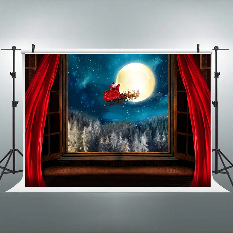 Latar Belakang Natal Musim Dingin Malam Santa Bulan Purnama Jendela Fotografi Latar Belakang Merah Tirai Potret Photobooth Foto Alat Peraga Studio