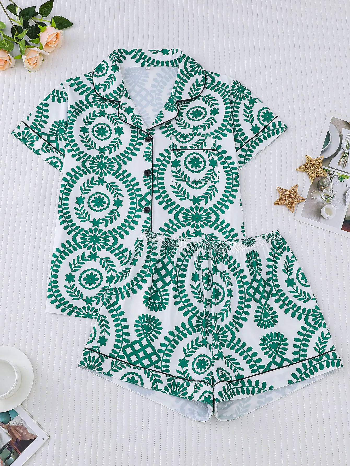 

Кардиган с зеленой лозой, двойной короткий женский топ с коротким рукавом и свободные шорты, удобная женская пижама