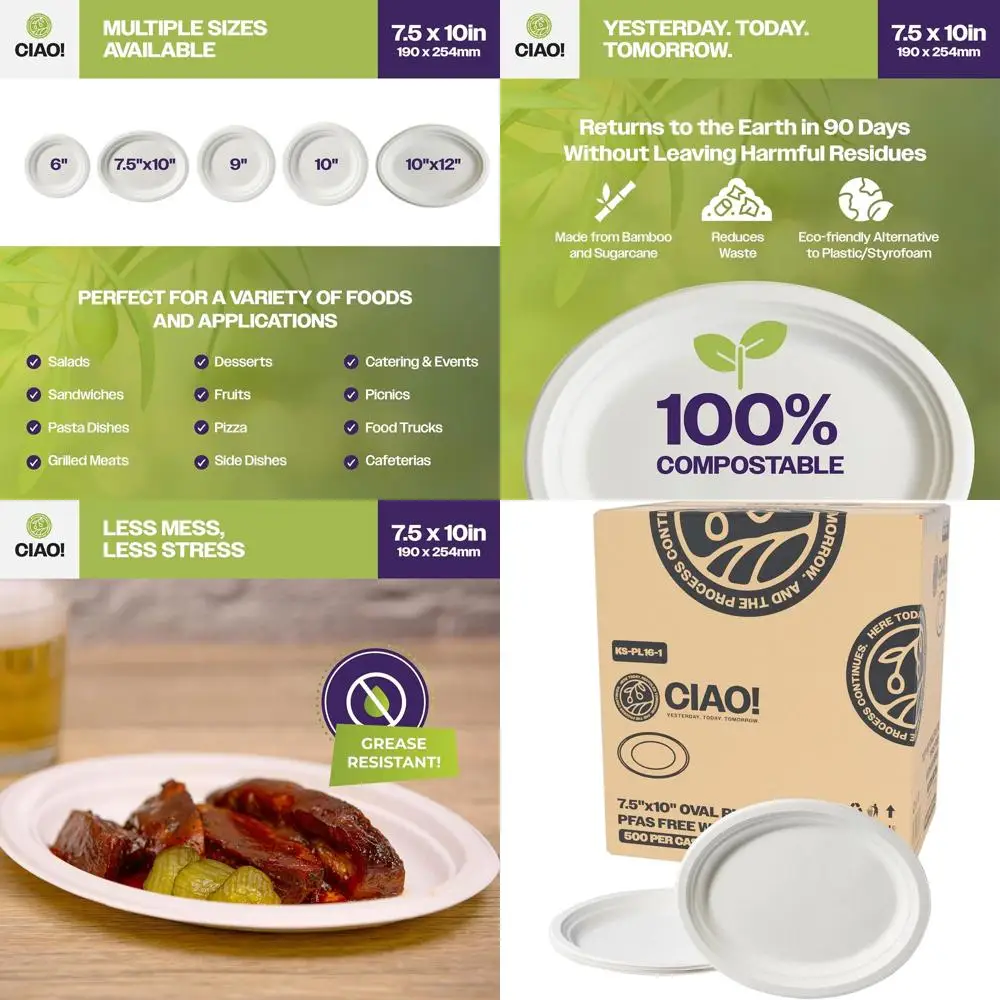 

Овальные биоразлагаемые тарелки повышенной прочности 7,5 x 10 дюймов, из неотбеленной багассы, натурального белого цвета, упаковка 500 штук