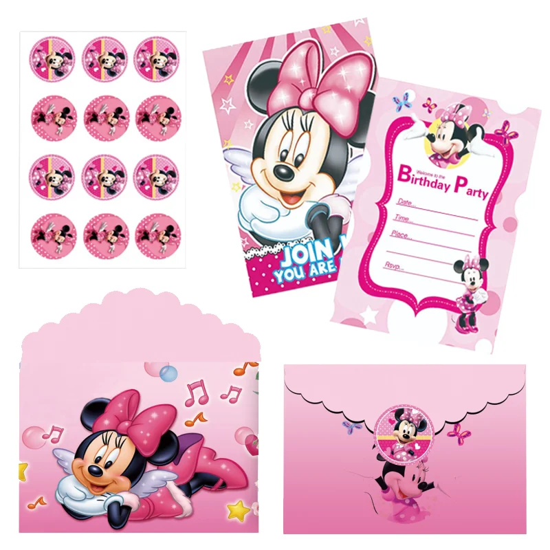 

12pcs Disney Minnie Theme Invitation Card Cartoon Kids Birthday Party Mini Greeting Cards Decoration Baby Shower Party Supplies
