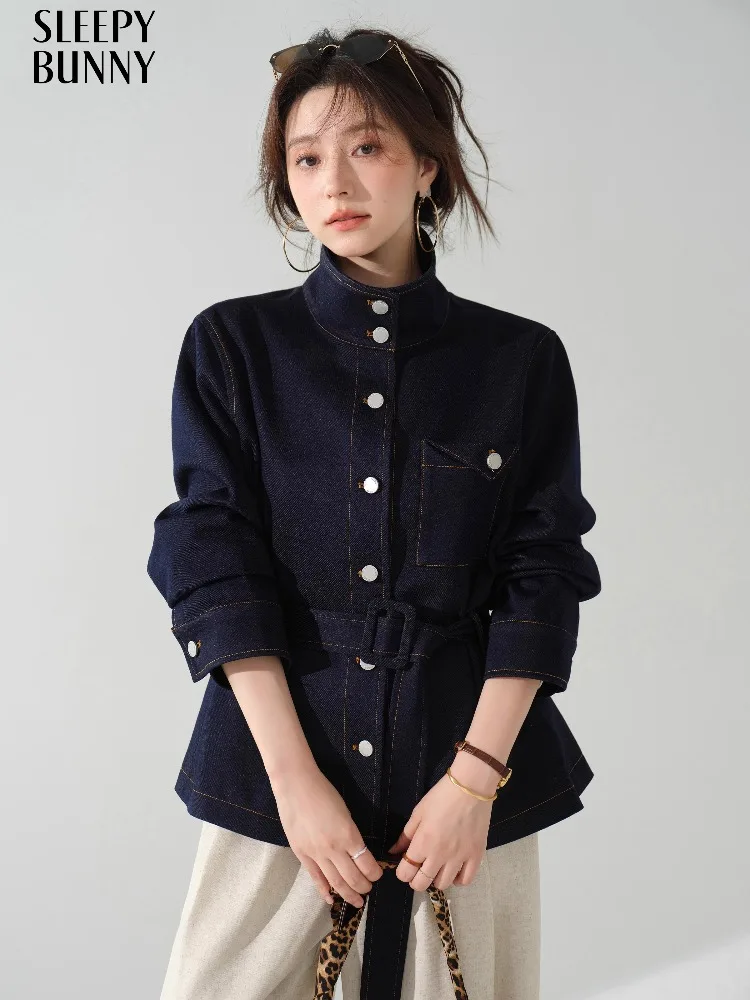 

Vintage Denim Style Jacket Women Autumn Short Coat Stand Collar Drop Shoulder Outerwear Loose Fit High Waist Top Fashion Outfit