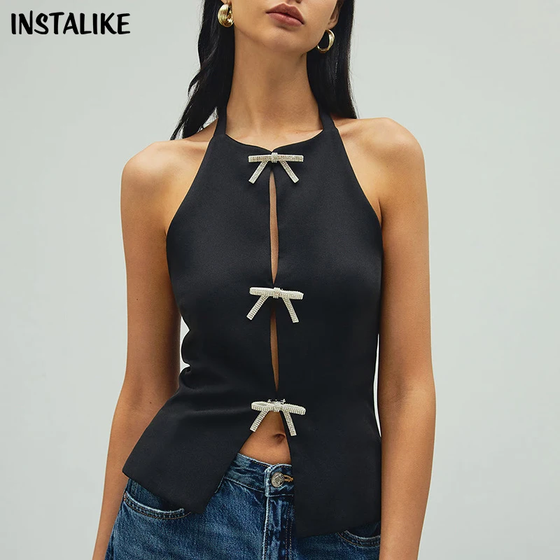 

InstaLike Sexy Bow Diamond Hollow Out Tank Crop Tops Backless Elegant Chic Streetwear Aesthetic Korean Fashion Summer Casual Top