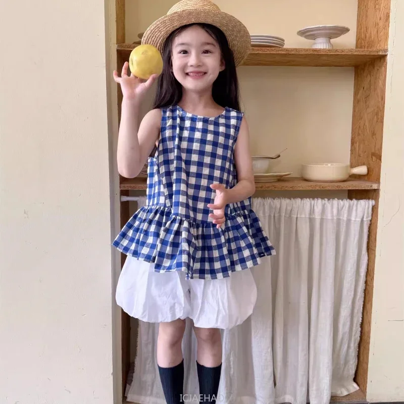 

Girls Breathable Summer Set Simple Plaid Sleeveless Tee And Puffy Lantern Bud Shorts Suit Essential Everyday Wear Vacation Ready