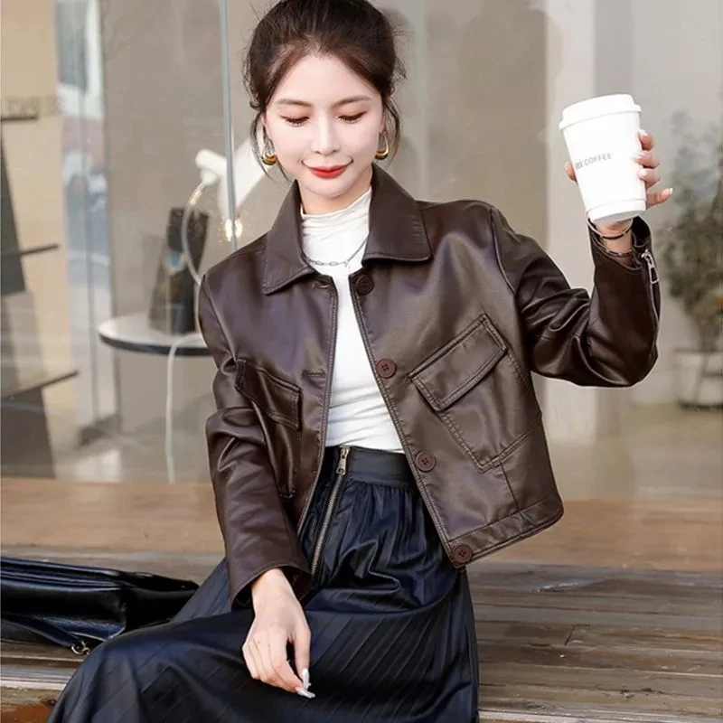 Faionable ort Leather Jaet dames 2025, herfst nieuwe Sle losse afslankende biker casual chique bovenkleding leren jas