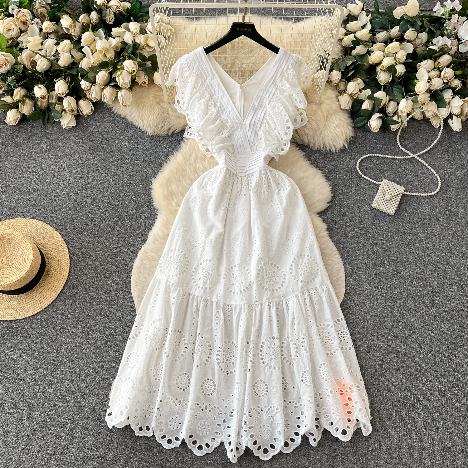 

Vintage Hollow Embroidery Ruffle High Waist Dress A-line Sleeveless Dress Chic Summer Beach Vestidos Women Vacation Sundress