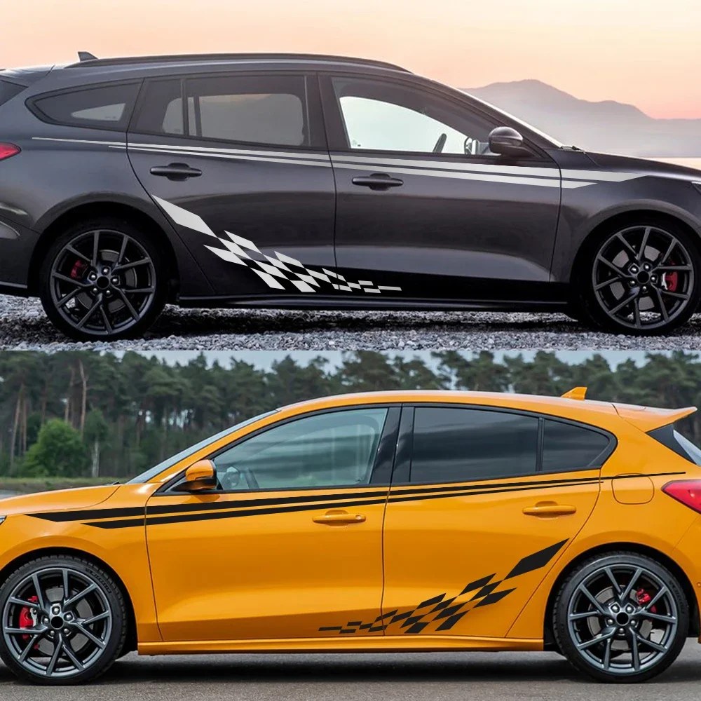 For Ford Focus MK3 C346 2015‑2018 Hatchback Side Door Sticker Checkered Flag Racing Line Vinyl Decal Waterproof PVC Car Exterior