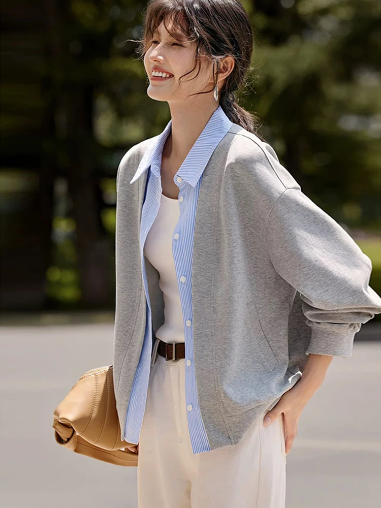 한국 슬레 스플라이스 니트 스웨터 여성용 가을 신상 고급 감각 안티에이징 오픈 가디건 다용도 여성 상의