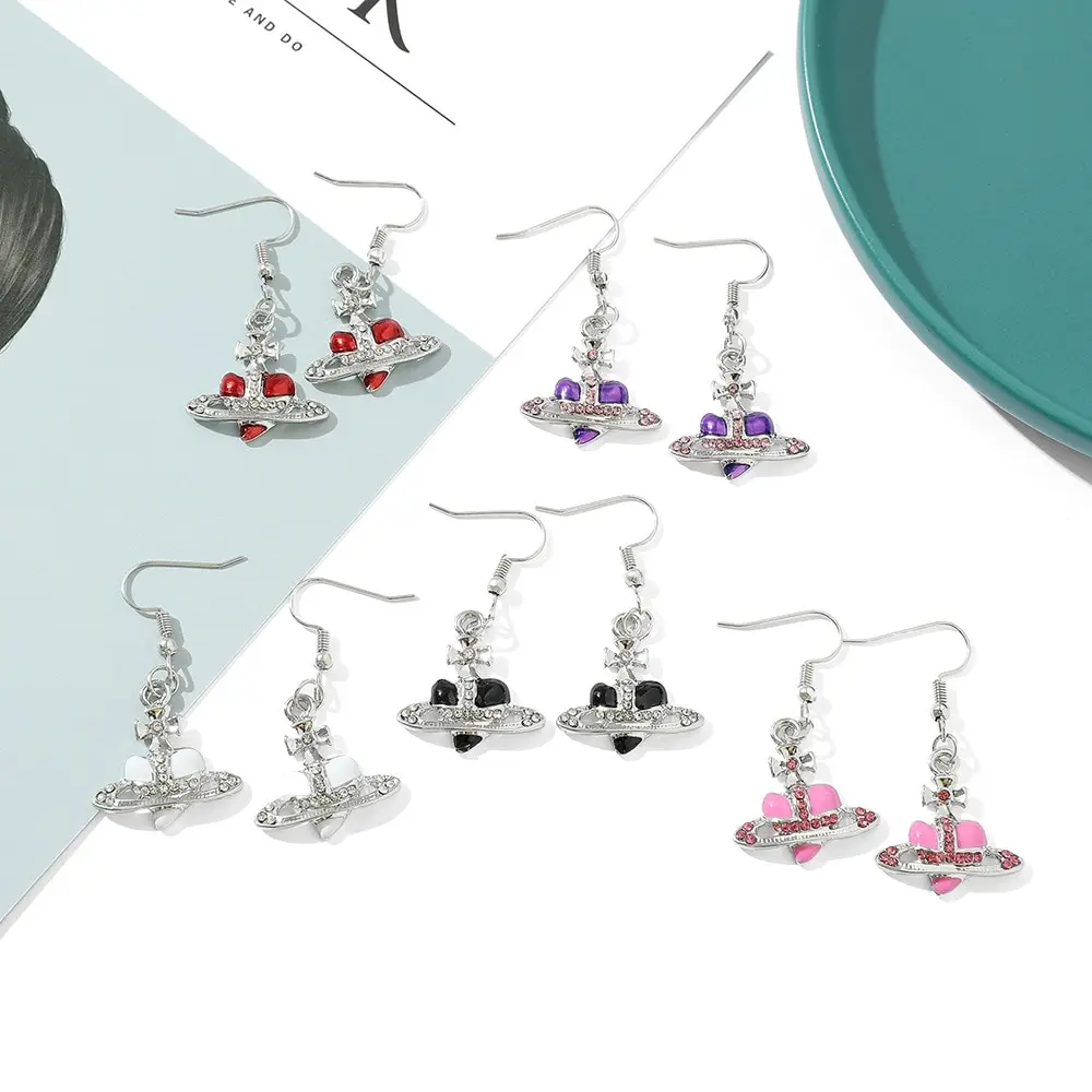 2PCS White Gold-color Plated Earrings Sparkling Diamond Saturn Drip Oil Bow Multicolor Jewelry