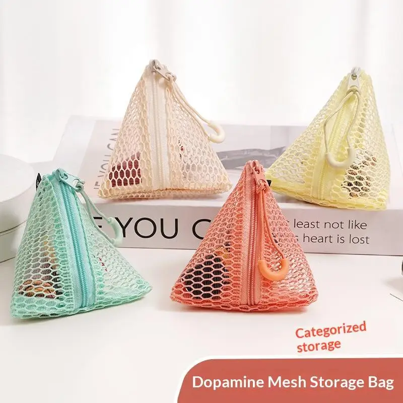 Triangular Mesh Bag Lipstick Jewelry Cosmetic Bag Portable Rope Design Mini Coin Purse Dopamine Color Candy Color Storage Bag