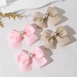 2PCS Solid Ribbon Bows Hair Clips Sweet Chiffon Pearl Flower Hairpin Handmade Bowknot Barrettes Girls Hair Accessories