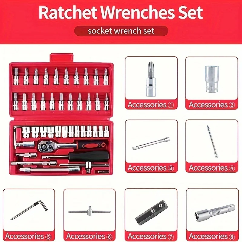 46 piece set of ratchet wrench toolbox, automatic repair ratchet screwdriver combination tool, car repair hardware tool kit