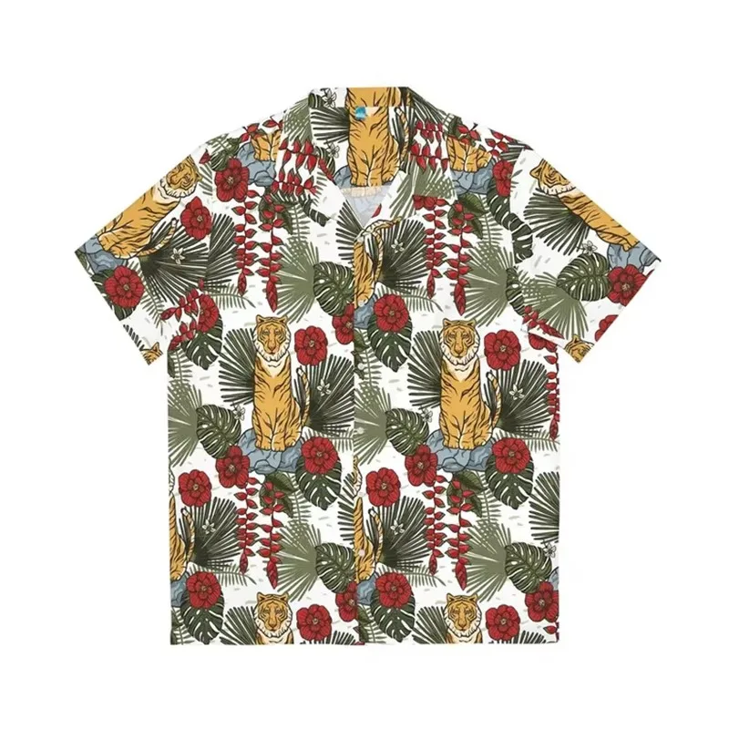 2026 Men's Jungle Tiger Animal Tropical Floral Leaf Full Print Short Sleeve Lapel Shirt Summer Beach Casual Top