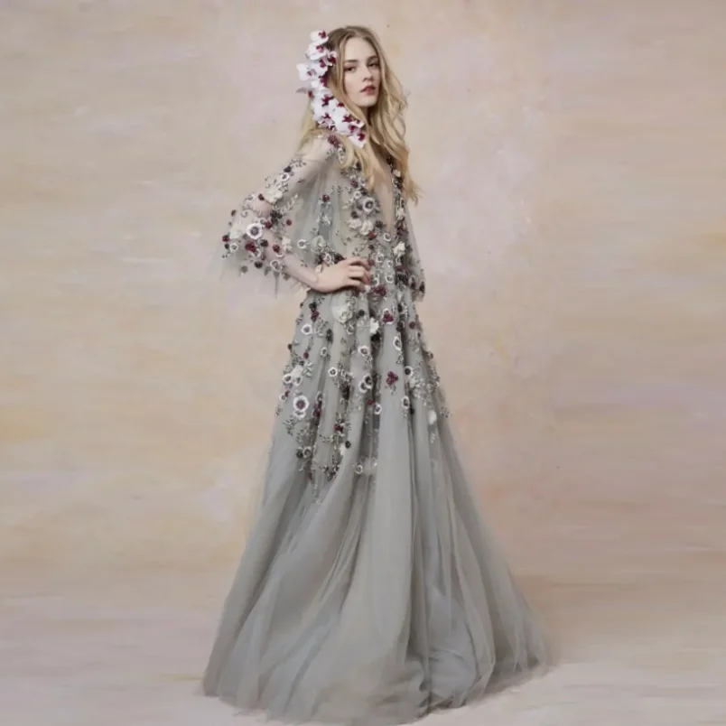 Fairy Floral Dresses Tulle Silver V Neckline Romance 3D Flower Prom Gowns With Sleeve Elegant Maxi Gown See Through