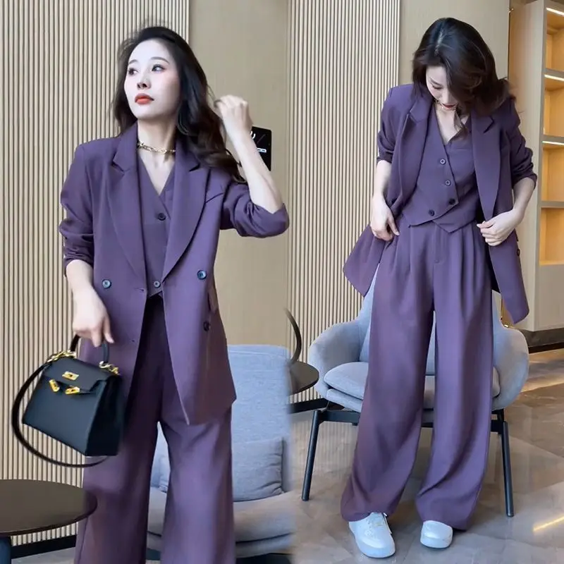Women's autumn new fashion three piece set Korean version casual suit jacket+vest+straight leg wide leg pants commute set