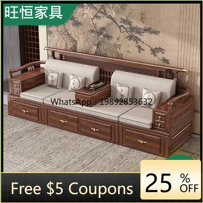 LYY Black Walnut New Chinese Style Luohan Bed Large Apartment Sofa Bed Dual-use LivingFolding Extendable Storage with Drawers