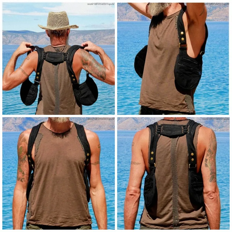 Unisex Handmade Canvas Dual‑Pocket Harness Waist Bag Rivet Workwear Style Multi‑Purpose Travel Pouch Cosplay Accessory Black