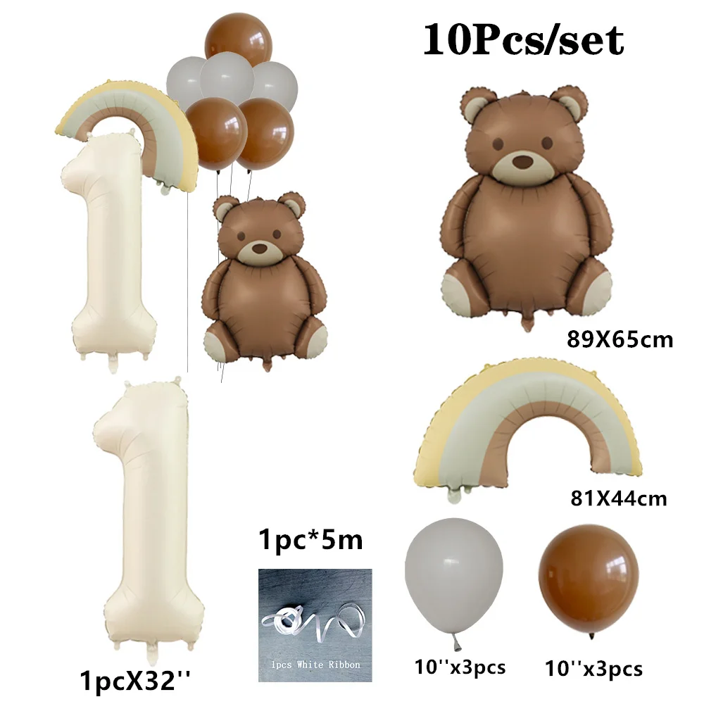 10pcs Cream Number Bear Rainbow Foil Balloons Happy Birthday Party Decorations Kids Girl Boy 1 2 3 4 5 6 7 8 9 Year Old Supplies