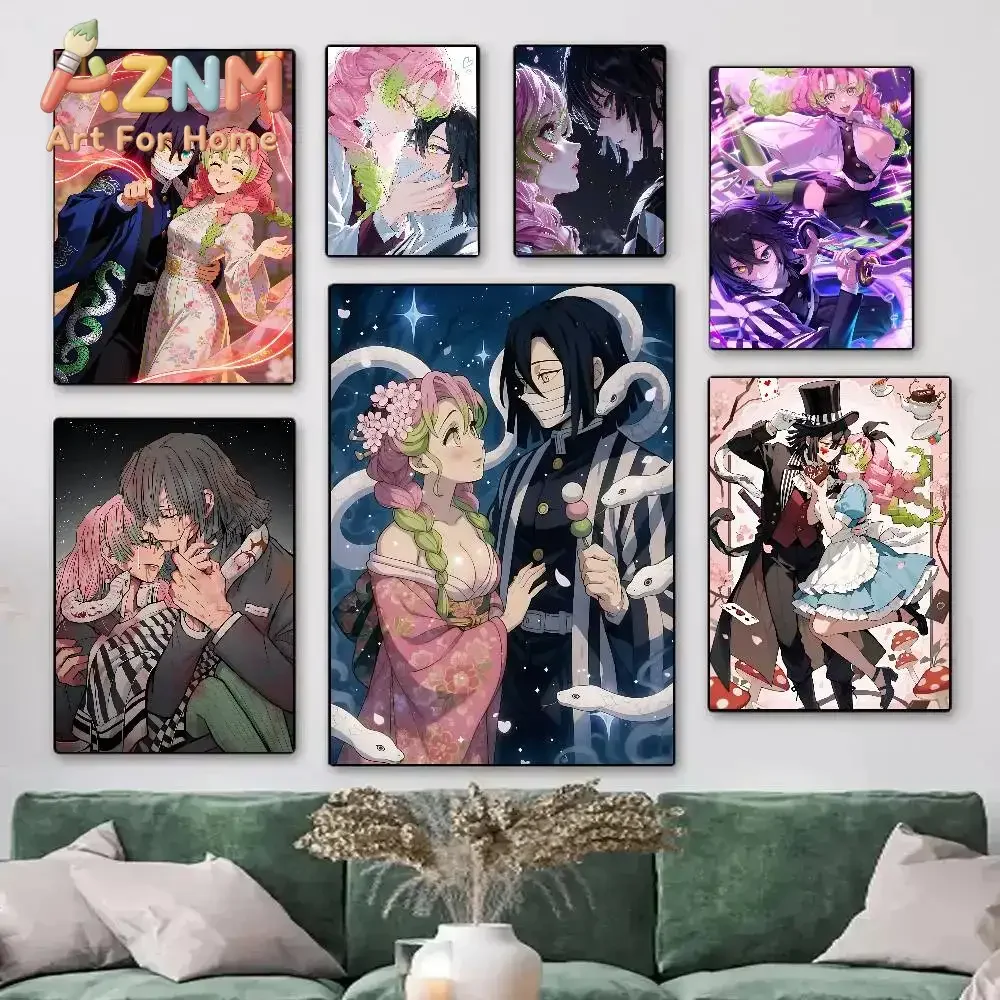 AZNM Demon Slayer Mitsuri Kanroji & Obanai Iguro Anime Canvas Wall Art Frameless Print Poster for Home Bedroom Living Room Wall