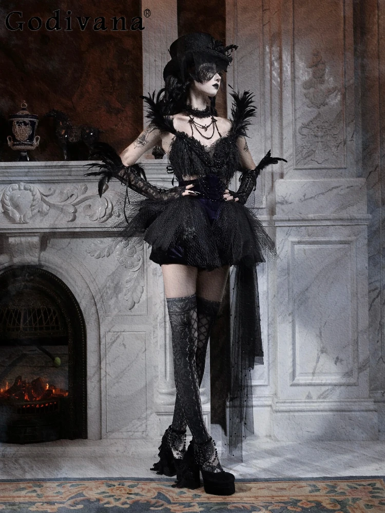

Halloween Women's Cos Mini Dress Original Gothic Dark Court French Feather Tail Tops Velvet Shorts Set Lolita Princess Dresses