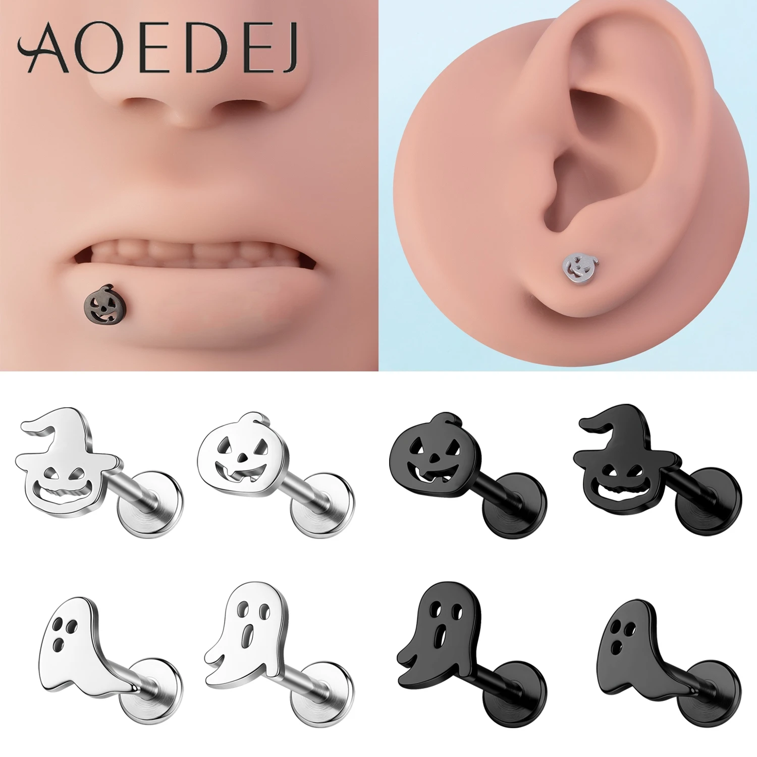 

AOEDEJ 1 Piece Halloween Collection 16G Stainless Steel Labret Lip Stud 6MM/8MM Stud Earrings Helix Cartilage Piercing Jewelry