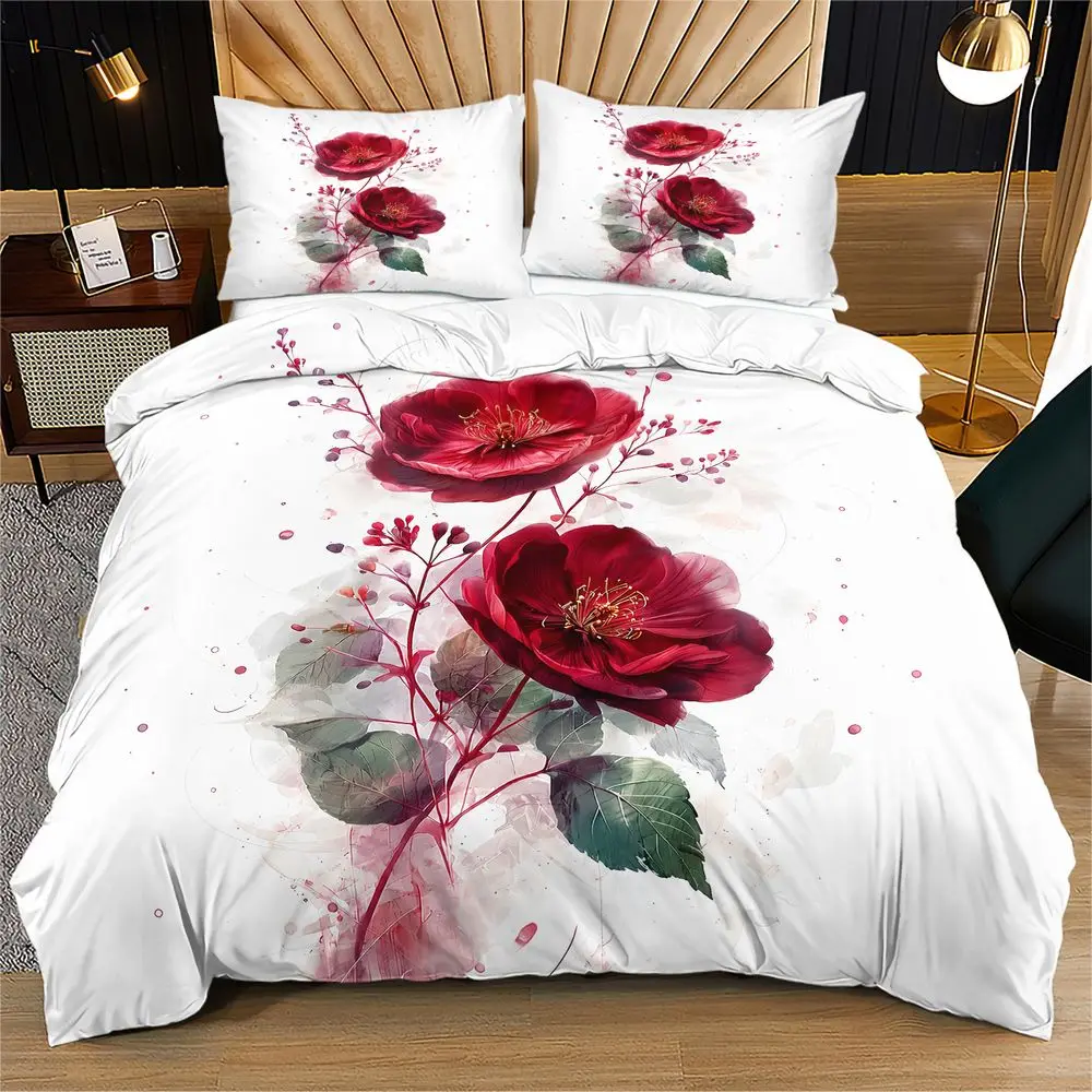 Flower Duvet Cover Set Watercolor Floral Bedding Set Digital Print Soft Microfiber Comforter Cover Home Bedroom Decor