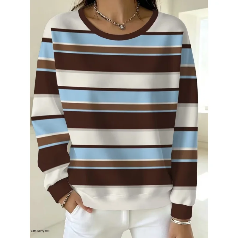 Fashion Classic Striped Checkered Gradient Printed Women's Sportswear Autumn Winter Long Sleeved Round Neck Casual Pullover Tops