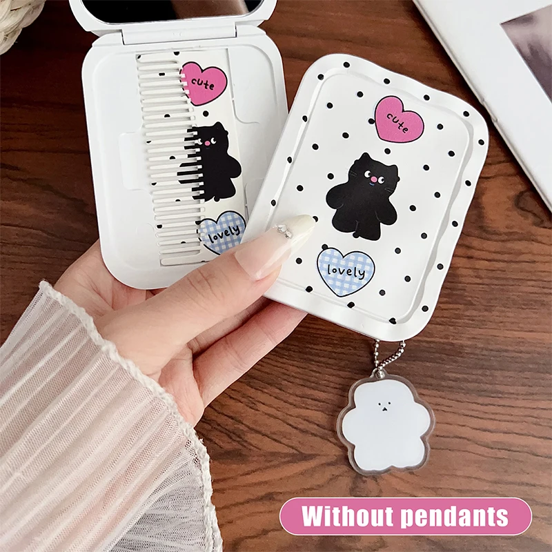 Portable Cartoon Black Cat Folding Travel Makeup Mirror With Comb Mini Handheld Make Up Tool For Women Girls