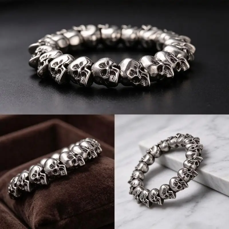 Vintage Punk Skull Bracelet Metal Skeleton Bead Bangle Y2K Dark Style Wrist Jewelry For Men Party Daily Wear