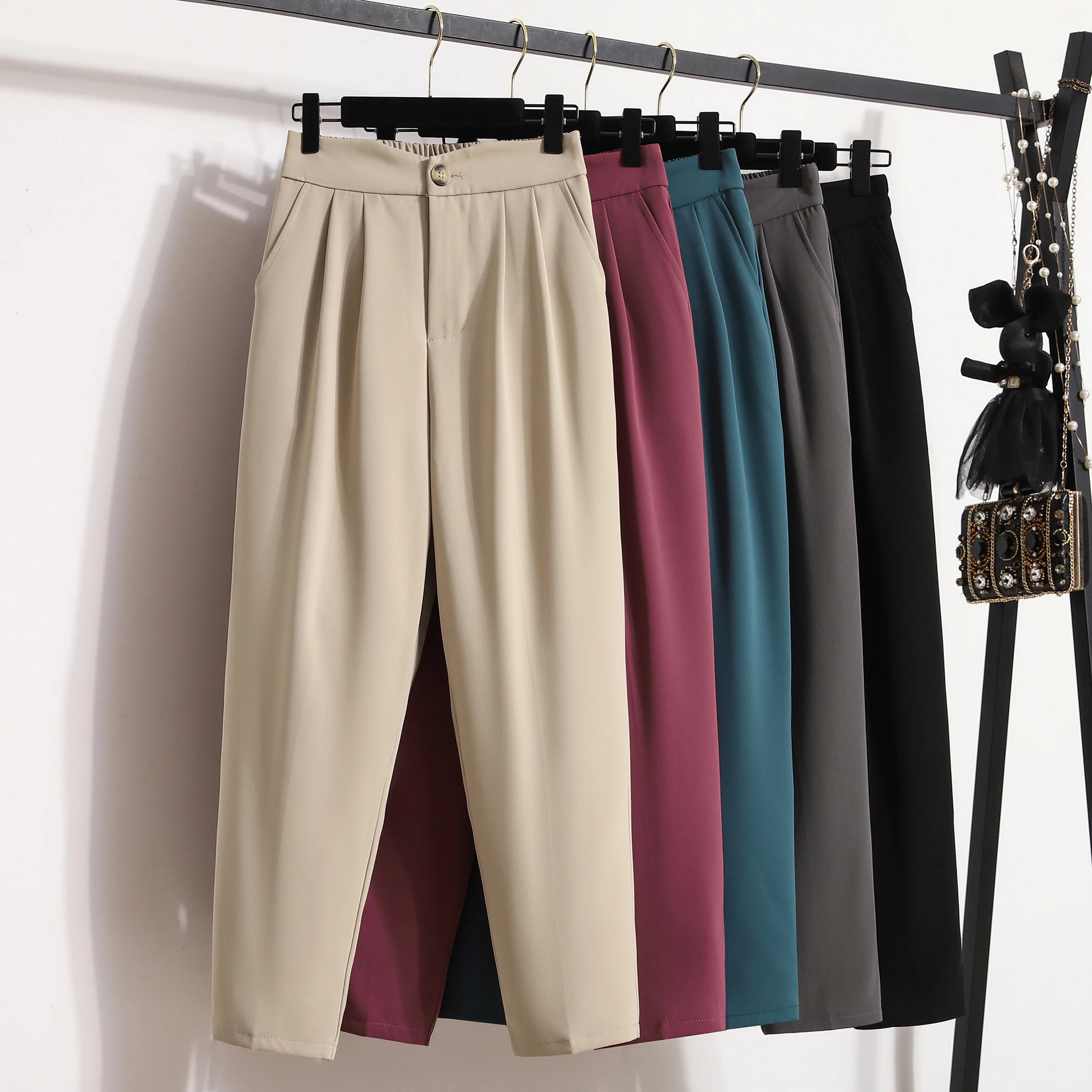 عالية الجودة الكورية نمط مستقيم السراويل حجم كبير السراويل امرأة الخريف الشتاء 2025 جديد وصول عالية الخصر دعوى السراويل #1