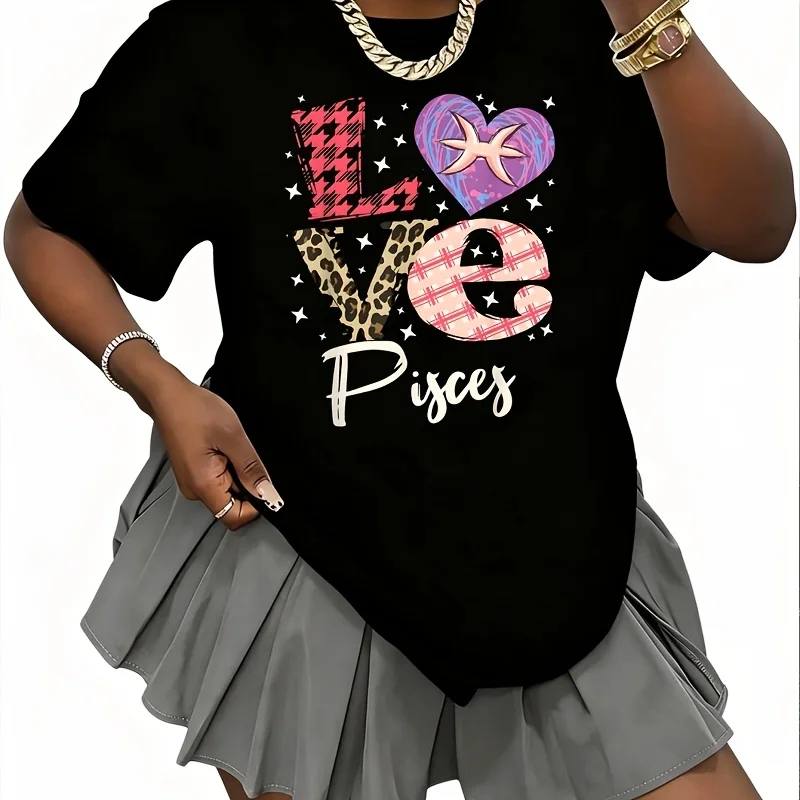Love Pisces Constellation and Love Heart Women's 100% Cotton T-Shirt Fun Print Short Sleeve Top Casual Round Neck Tee S-5Xl