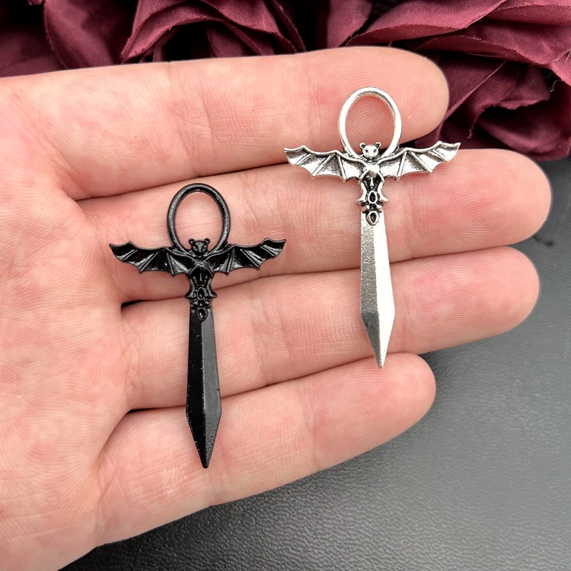 5pcs Gothic Silver Sword Bat Charm Pendant DIY Medieval Making Jewelry Accessories Alternative Style Bat Ji Sword Jewelry