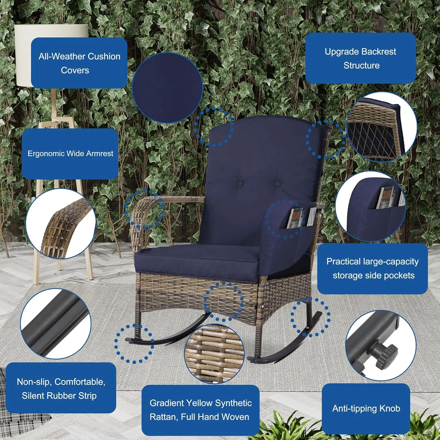 3-Piece Outdoor Furniture Set, Patio Conversation Chair, Wicker Cushioned Patio Rocker with Side Table for Porch, Garden