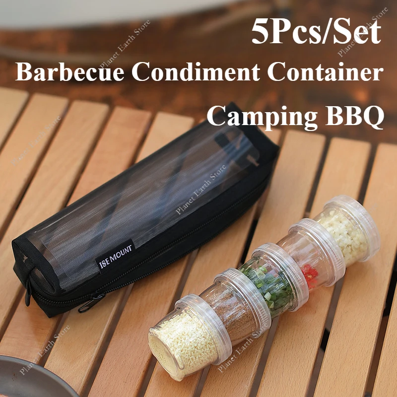 Kit de especias para acampar con 5 botellas de condimentos transparentes, contenedor de condimentos para acampar, para Picnic, cocina, barbacoa, juego de contenedores de condimentos