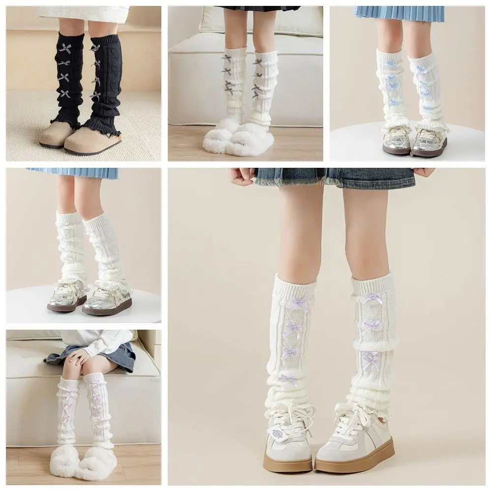Kawaii Korean Style Children's Leg Warmers JK Lolitas Knitted Leg Cover Pile Socks Long Stockings Plaid Bow Socks Baby