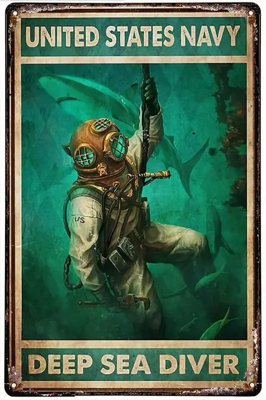 Affiche drôle de plongeur américain en métal, Navy des États-Unis, Deep Sea Diver, 18 panneaux, décorations de bar, art, 8x12, Inc