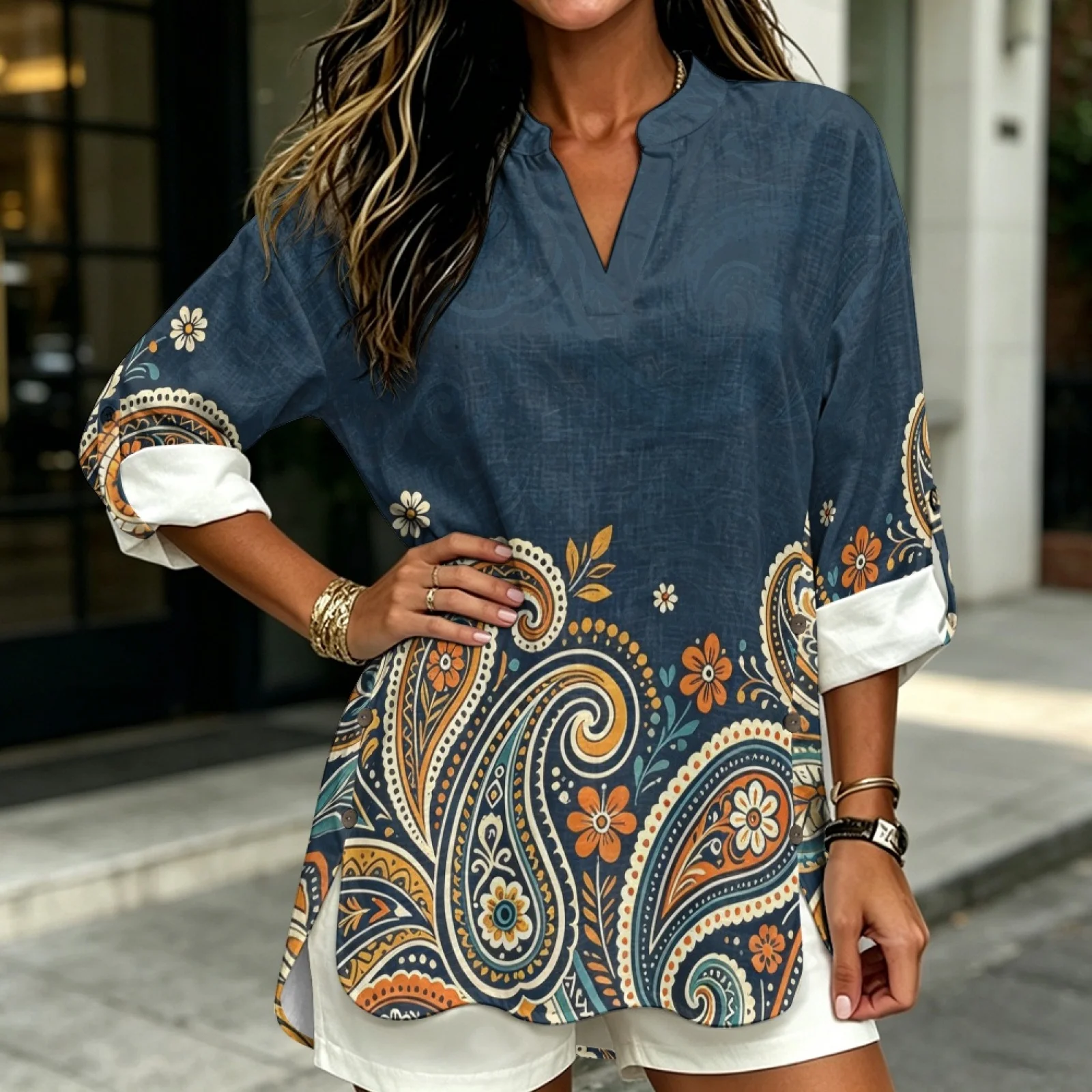 PENSTROLL Blue Print Linen Style V Neck Blouse Relaxed Fit V Neck Shirts for Womens Sizes S-5XL
