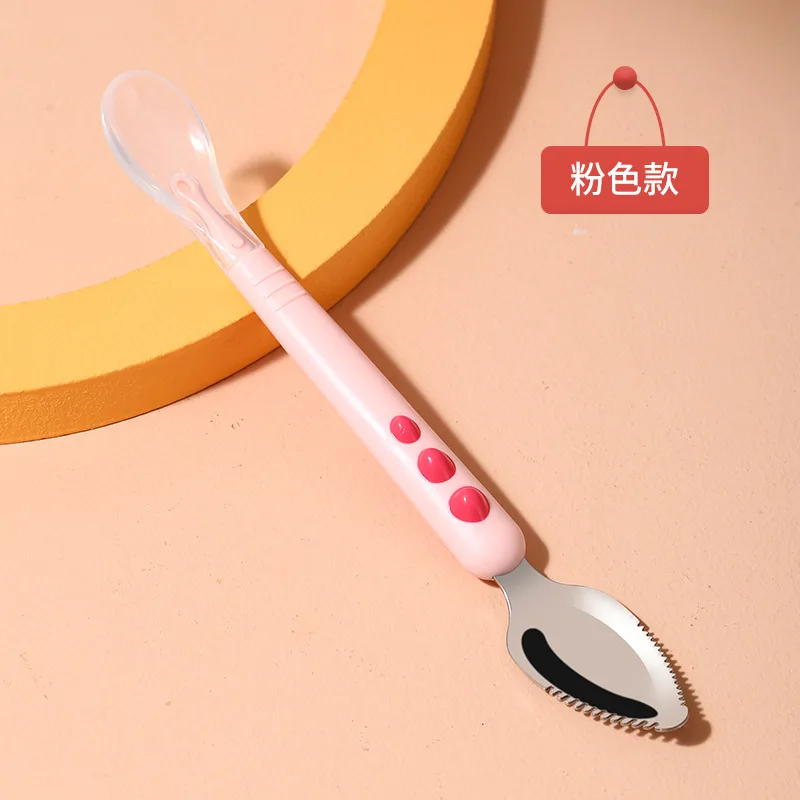 Baby Fruit Scraping Mud Spoon Double Head Silicone Stainless Steel Children Utensil Toddler Infant Food Eating Feeding Tableware