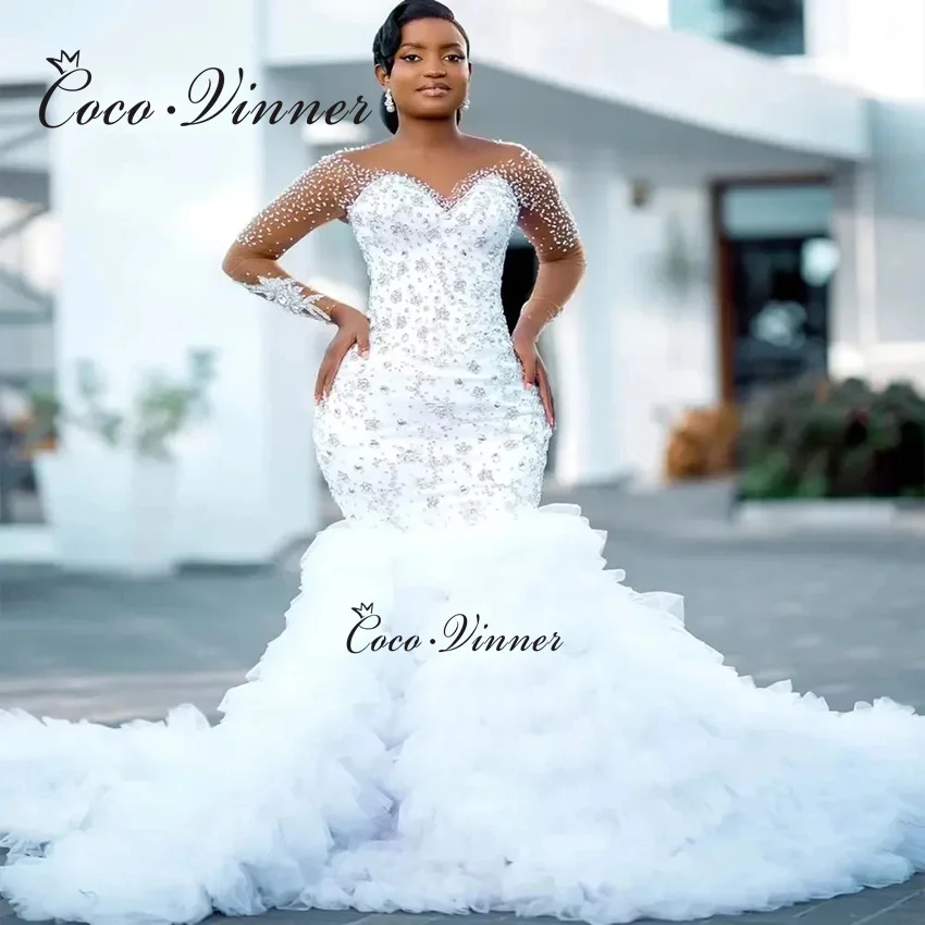 

Customized Crystal Beaded 2025 Luxury Wedding Dress Mermaid Full Sleeves Tulle Ruffle Africa Mermaid Wedding Dresses Women W1474