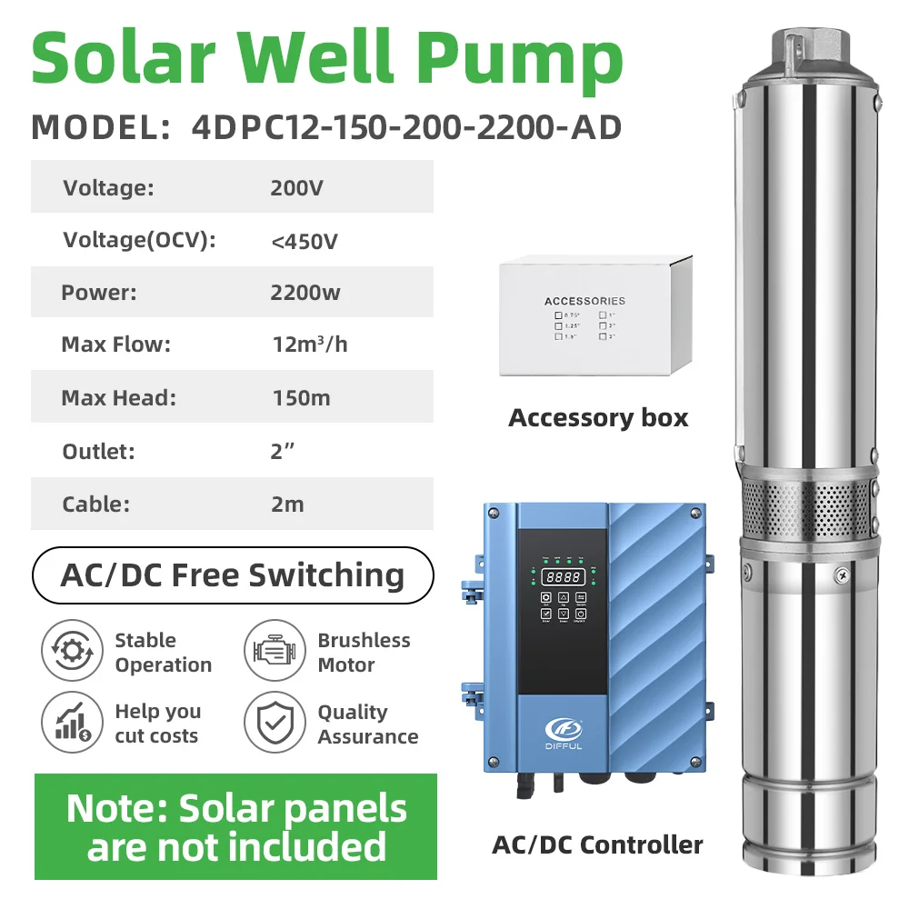 DIFFUL 4 inch 2200W Solar Deep Well Submersible Water Pump Solutions ACDC Brushless Motor&External MPPT Controller for Borehole