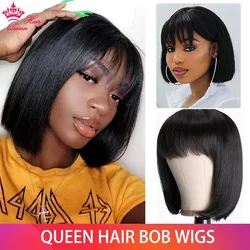Short Bob Wig Human Hair Wigs With Bangs Straight Brazilian Hair Wigs For Women Full Machine Made Straight Bob Wig Queen Hair