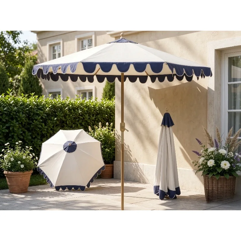 9FT Wavy Edge Patio Umbrella Push Button Tilt Crank Lift 8 Rib Metal Frame Ventilated UV Canopy Garden Backyard