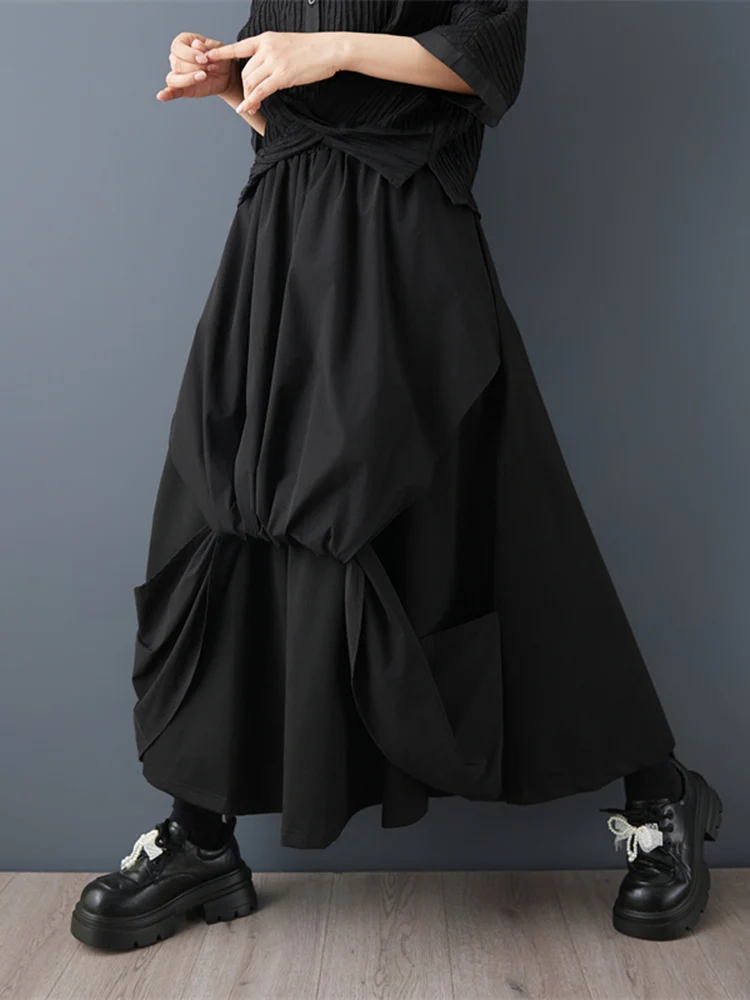 Black Vintage Splice Fold High Waist Skirts For Women Plus Size Spring Summer Autumn New Loose Casual Fashion Long Skirt 2026