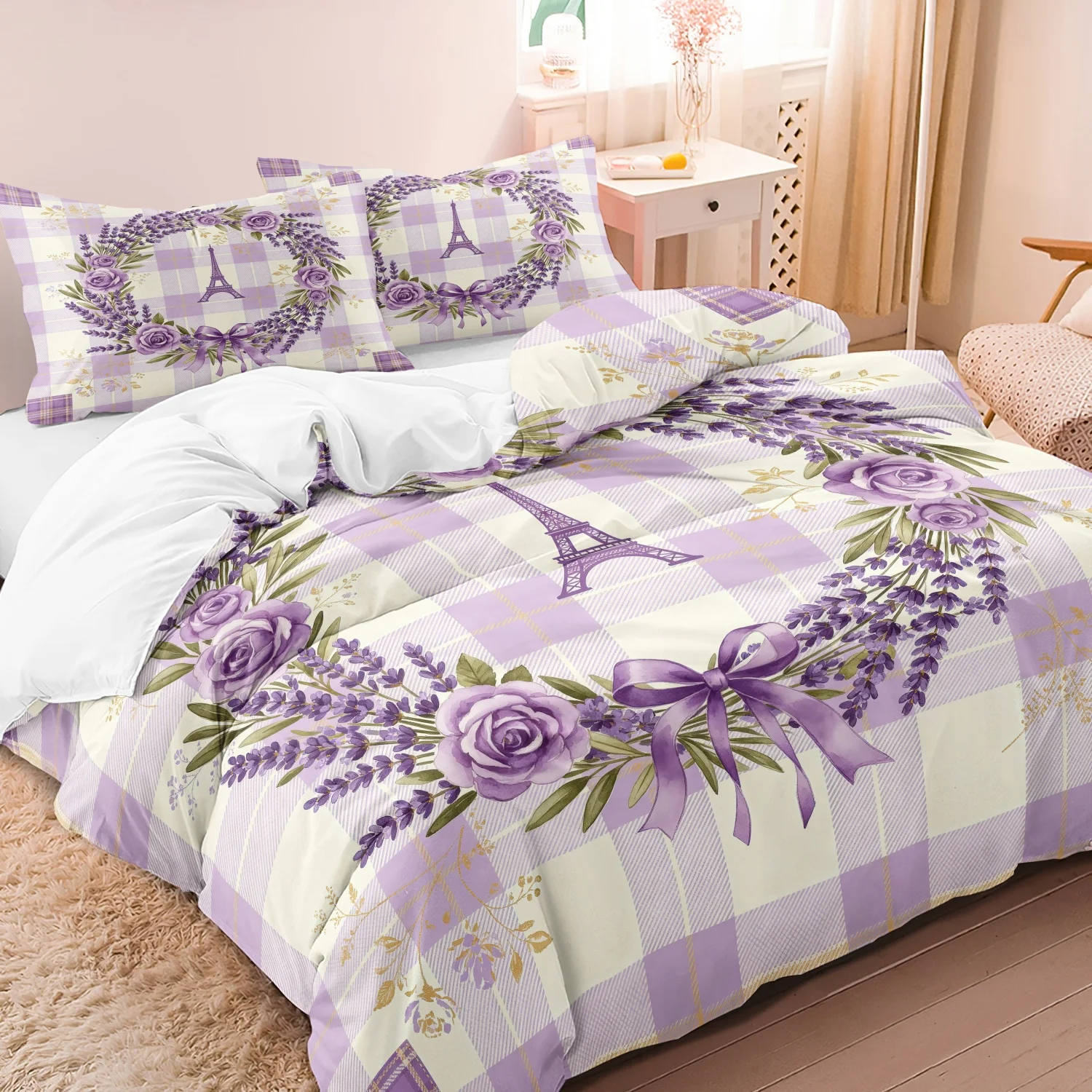  3Pcs Purple Plaid Paris Eiffel Tower Print Duvet Cover, Lavender Rose Floral Romantic Print Bedding, Multiple Sizes Available