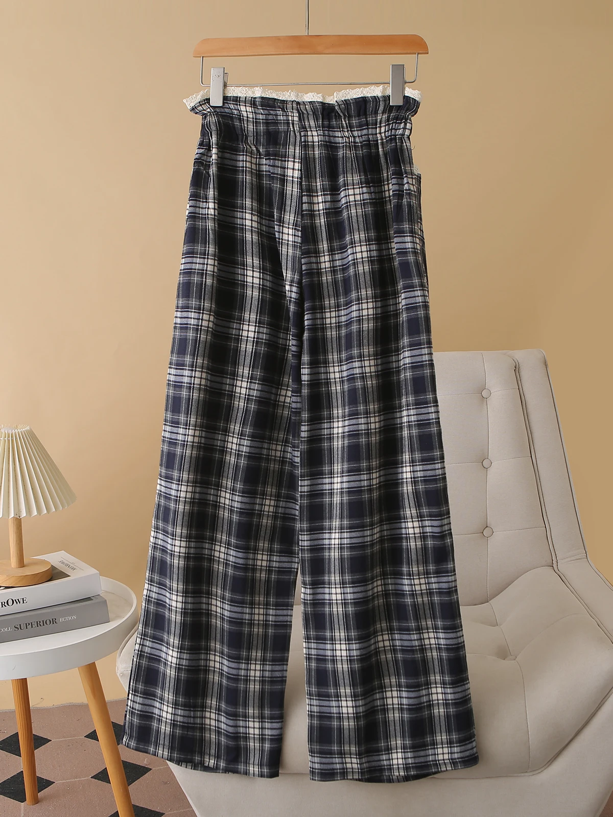 Autumn 2025 Women's plus Size Plaid Wide Leg Pants Lace Splicing Flower Bud Waist Casual Trousers Korean Style High Waist Ela...
