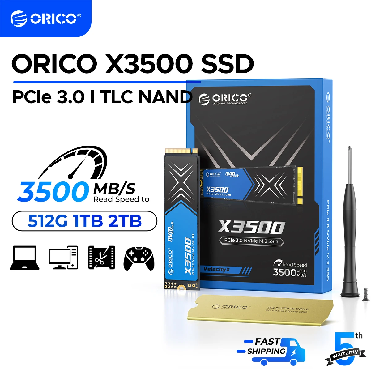 ORICO 1TB M.2 NVMe SSD, PCIe Gen3x4 2280 SSD Up to 3500MB/s, Internal Solid State Drive with TLC NAND Flash for Desktop Laptop