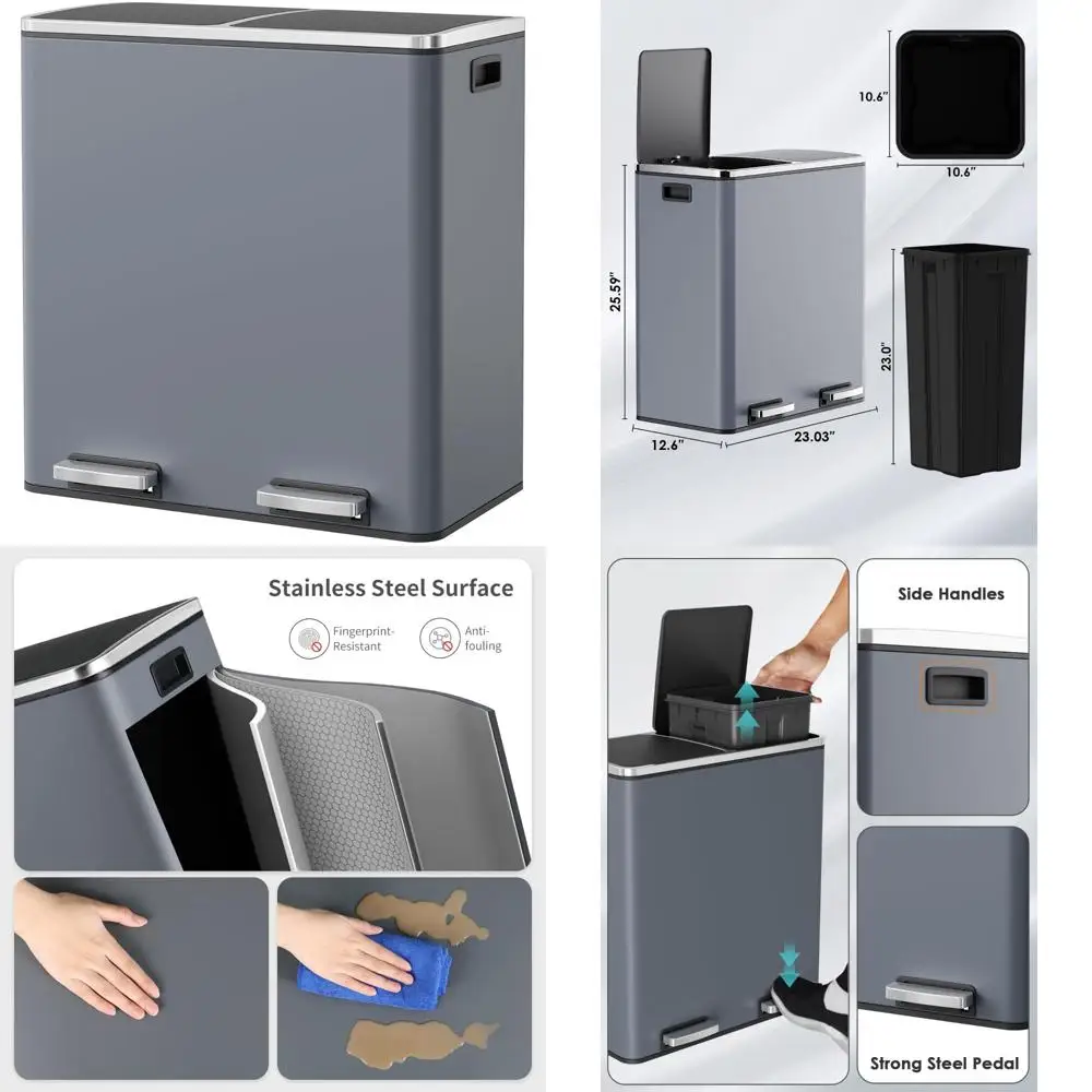 

Stainless Steel 16 Gallon Dual Compartment Trash Can - Metal Kitchen Recycling Bin with Step for In-Home Garbage Collection